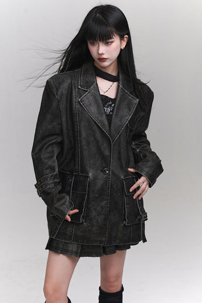 Ghost Girl Autumn and Winter Unique Super Good-looking Old Leather Jacket Women's 2024 New Cool Drag Sister Outfit