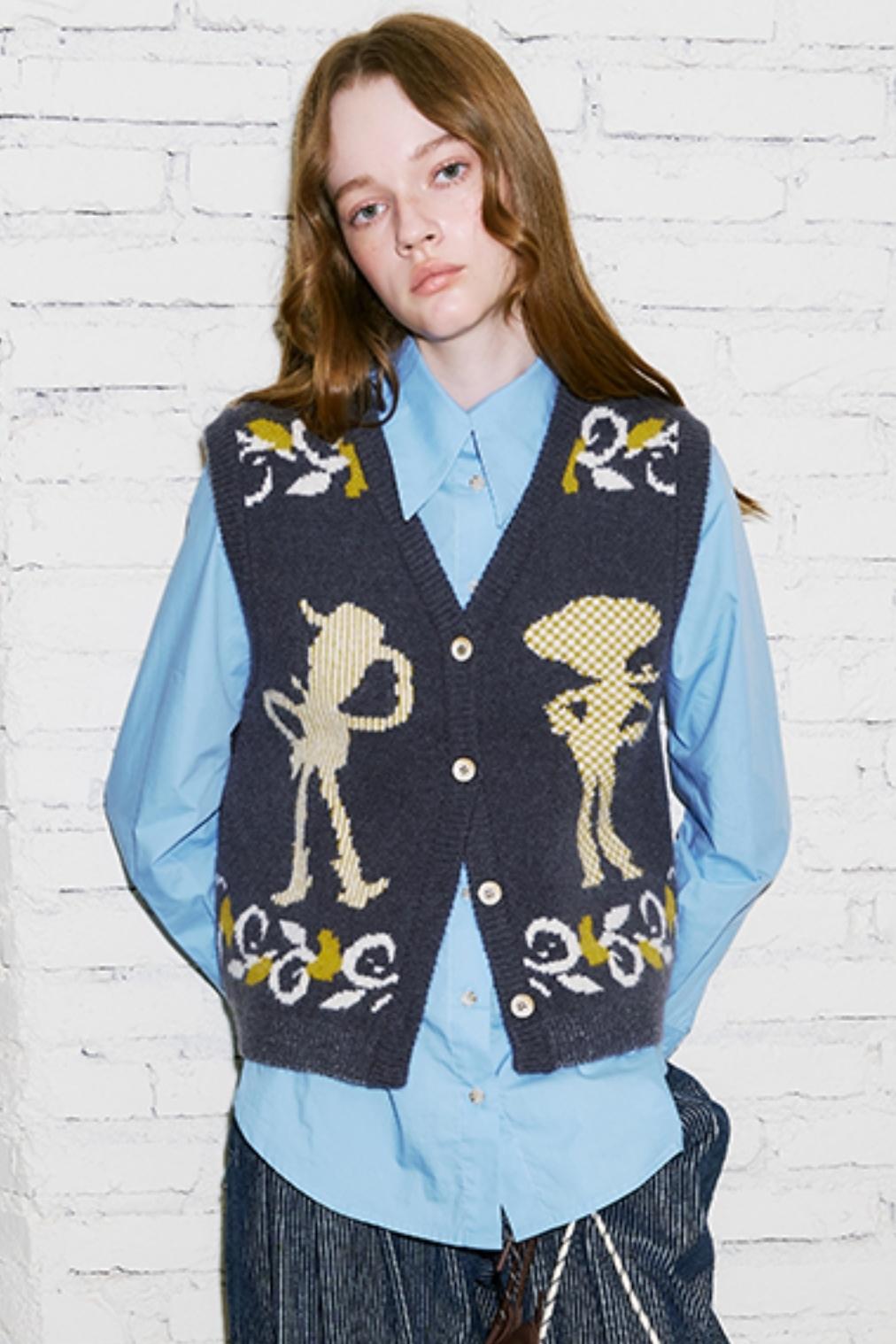 Retro Jacquard Knitted Denim Vest