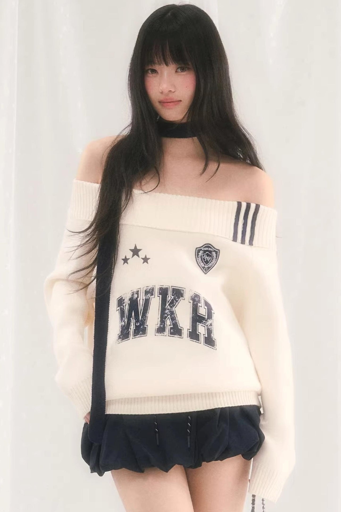 Letter Knit One-Shoulder Sweater