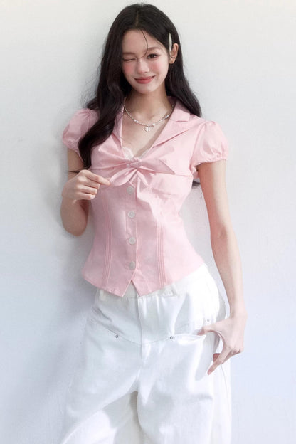 Textured Hollow-Out Tie-Up Blouse Set-Up