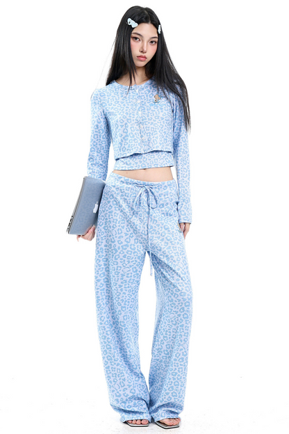 Blue Leopard Three-Piece Cardigan Set-Up