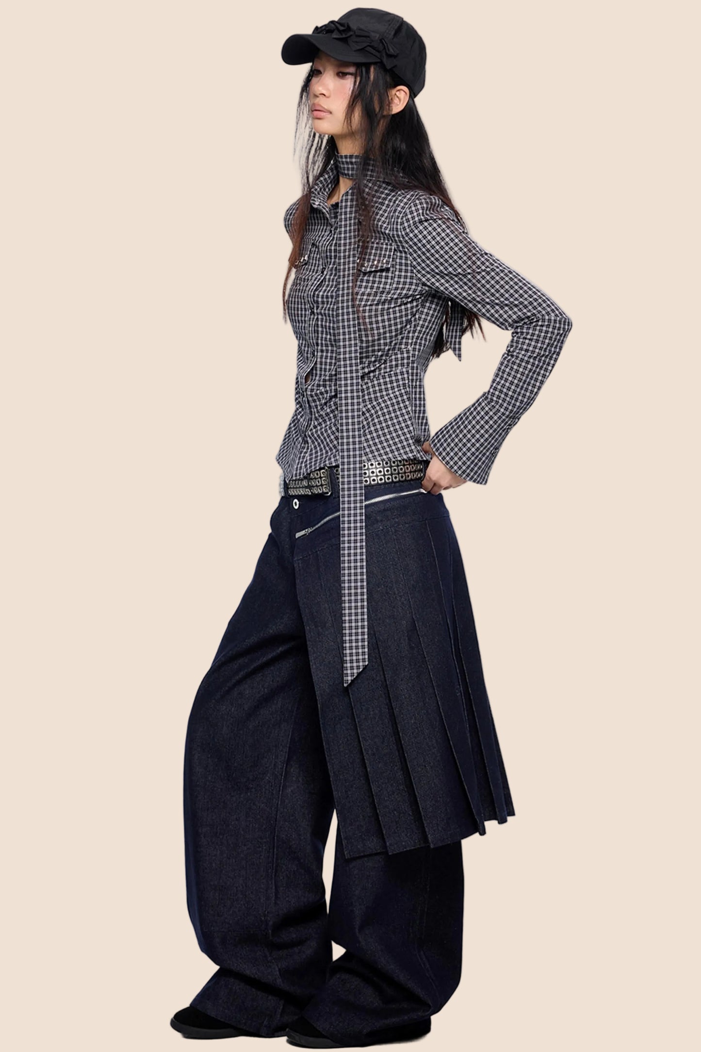 Detachable Pleated Denim Skirt Pants