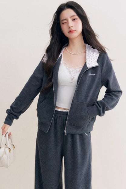 Rose Print Patchwork Hooded Jacket Set-Up