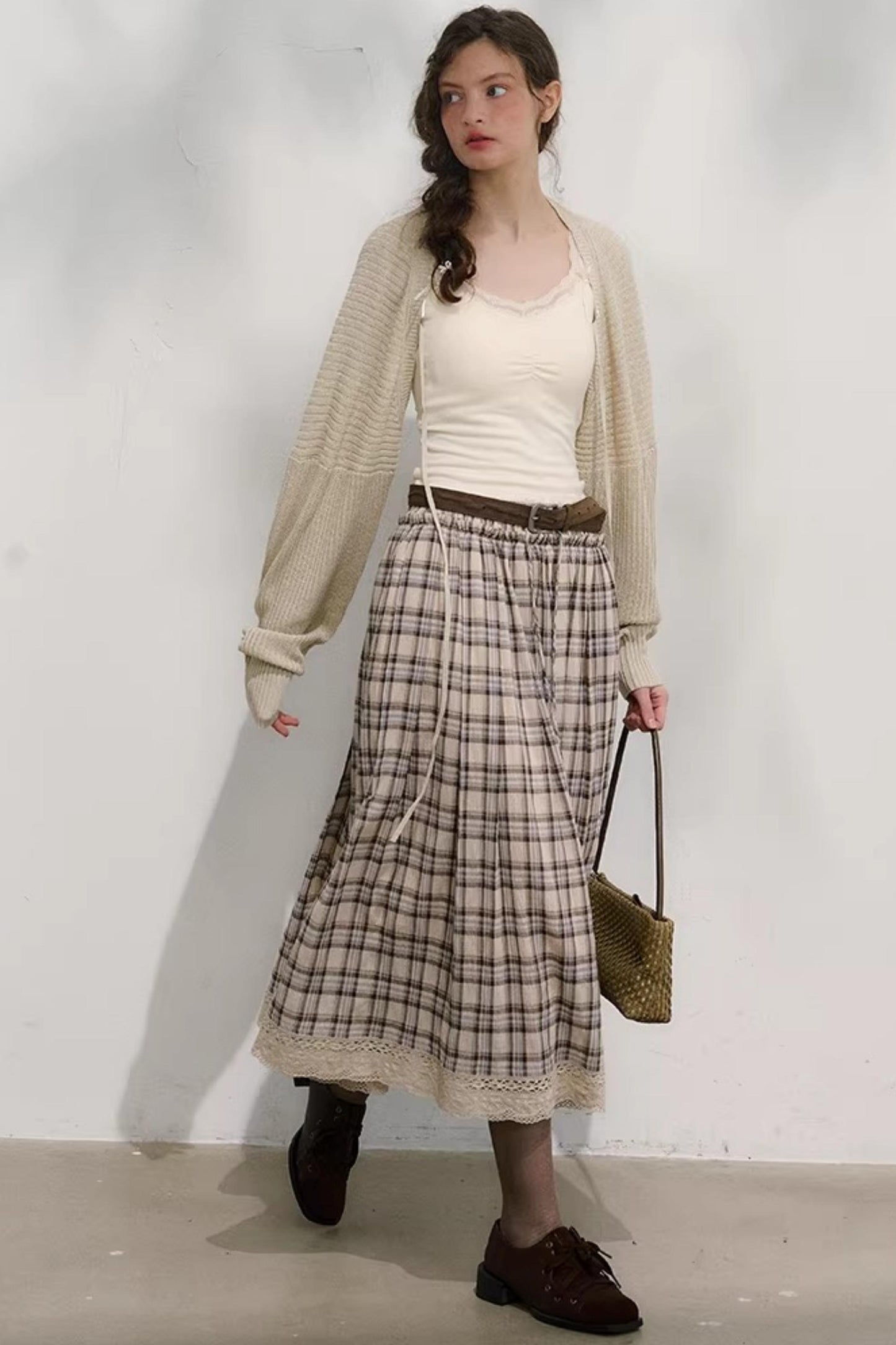 Cotton Lace Plaid Skirt