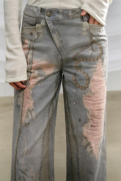 Ripped Faux-Denim Flared Pants