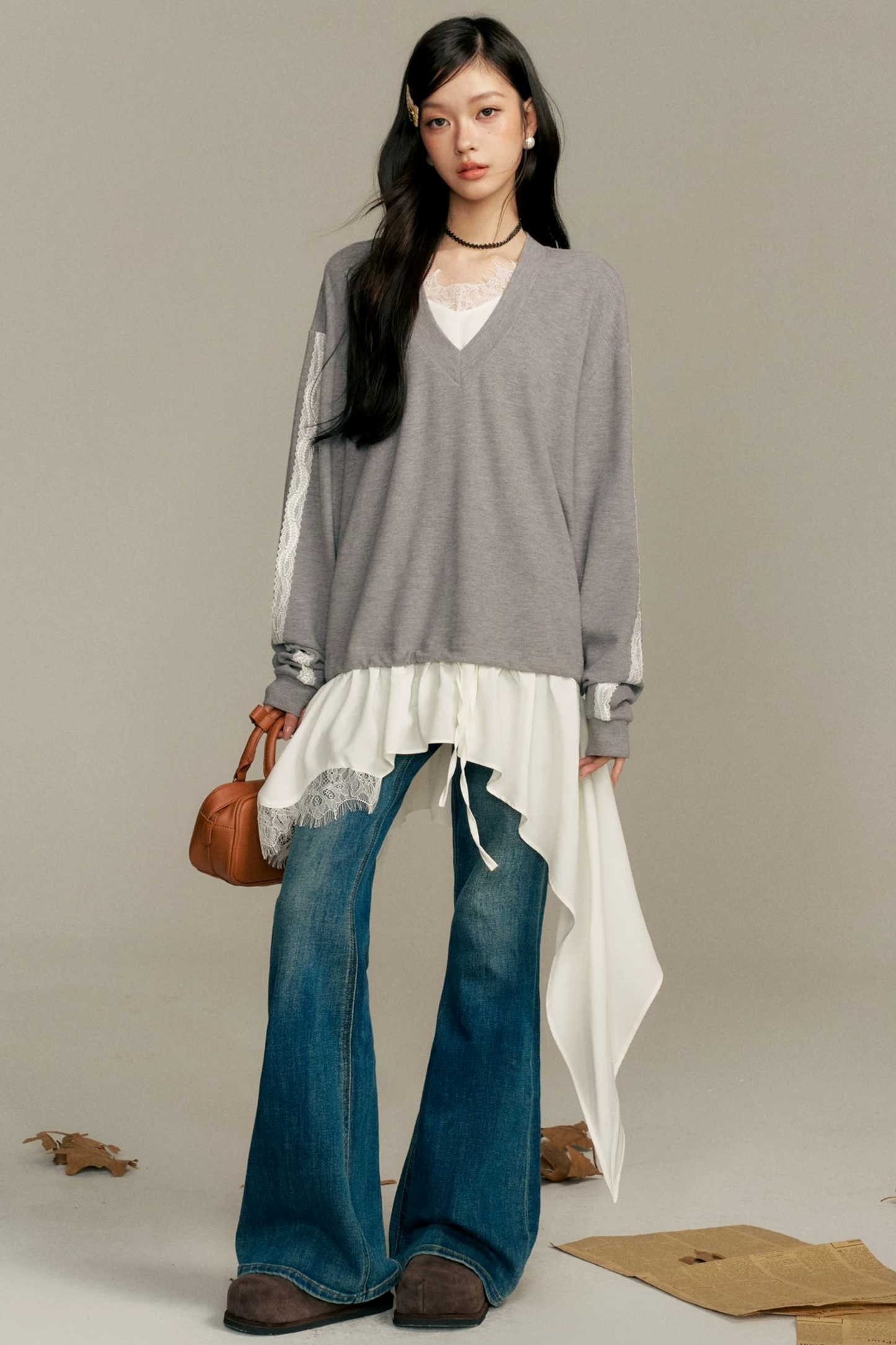 Asymmetric Hem V-Neck Sweatshirt