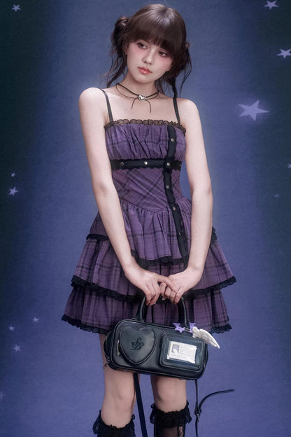 Grape Purple Plaid Strapless Dress Set