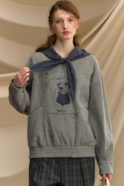 Vintage Dog Print Hooded Pullover Top