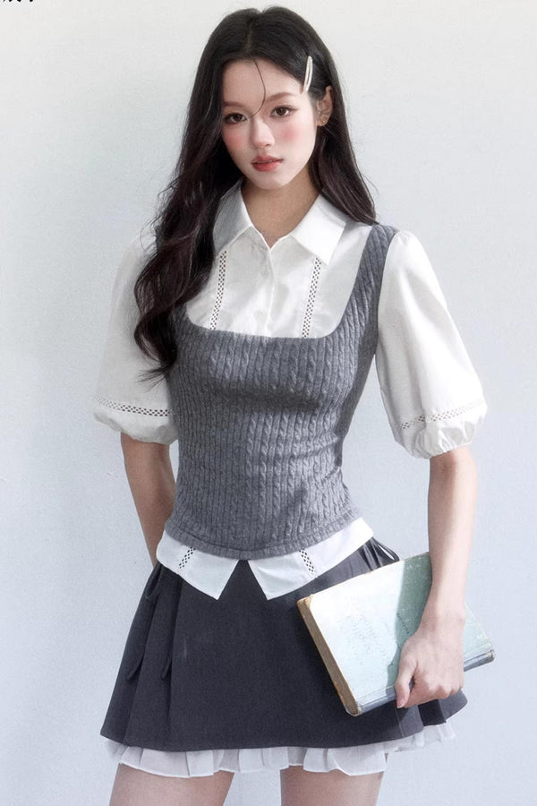 Conjunto de camisa de manga abullonada con bloques de color