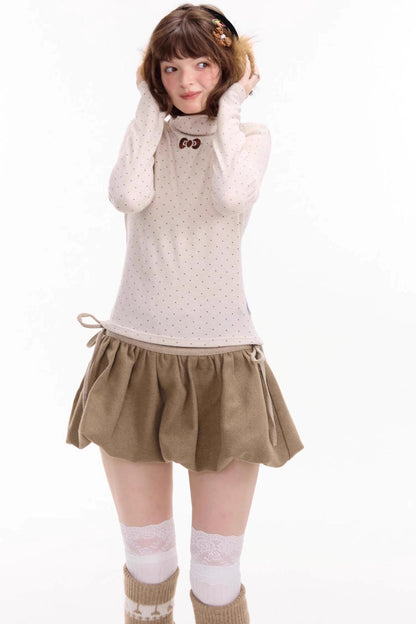 Retro Polka Dot High-Neck Long Sleeve T-Shirt