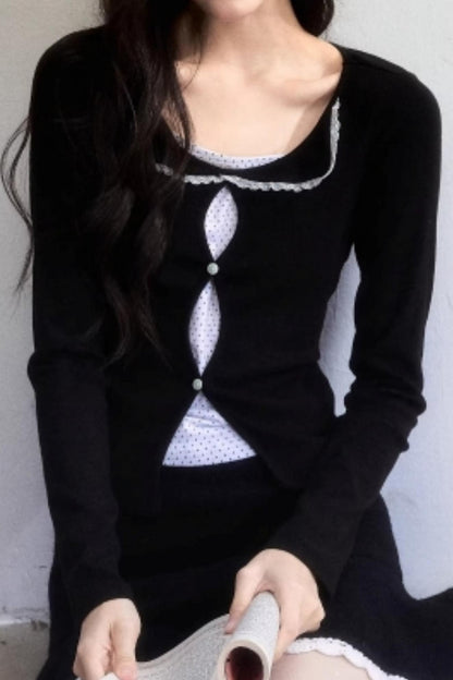 Polka Dot Hollow-Out Knit Sweater Set-Up
