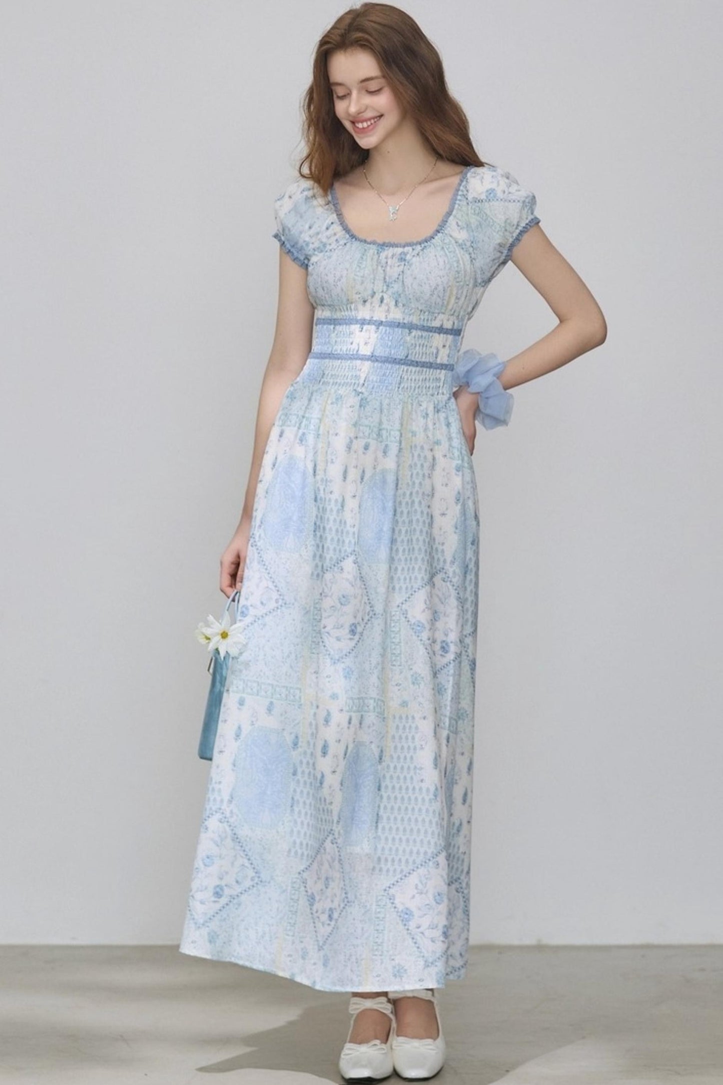 Puff Sleeves Waist Slim Long Dress