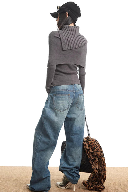 Gray Knitted Turtleneck Sweater