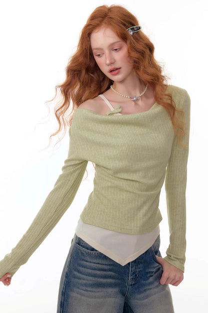 Swing Collar Fake Two Pieces Slim Top