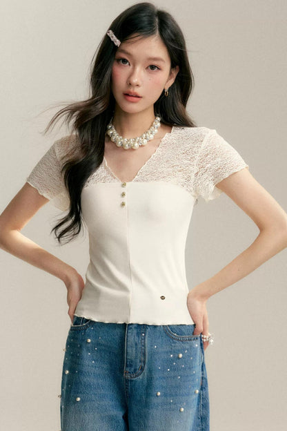 Lace-Panel V-Neck T-Shirt