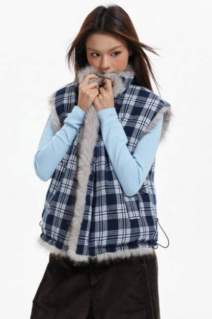 Plaid Lined Fur Vest Reversible Jacket