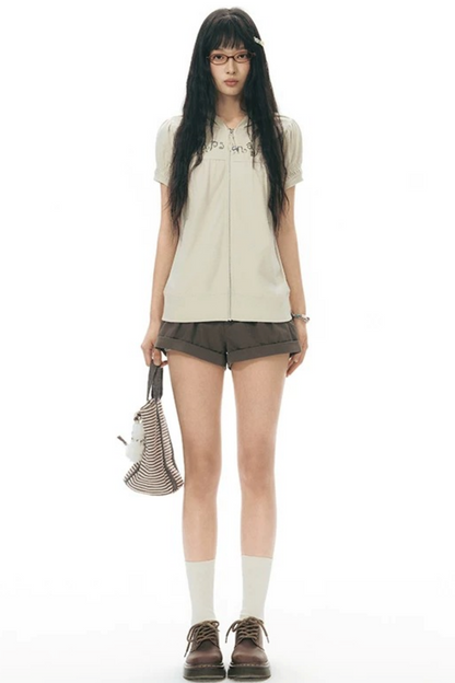 Printed Hooded Oatmeal Short-Sleeve Sweatshirt