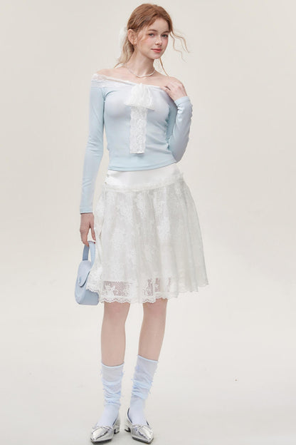 Light  Blue Lace One-Shoulder Top