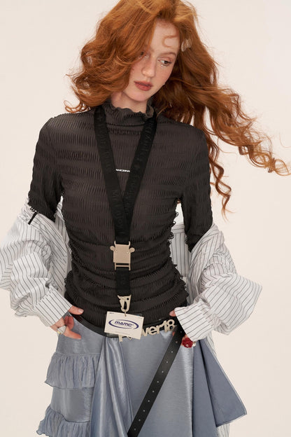 High-Neck Knitted Striped Slimming Shirt