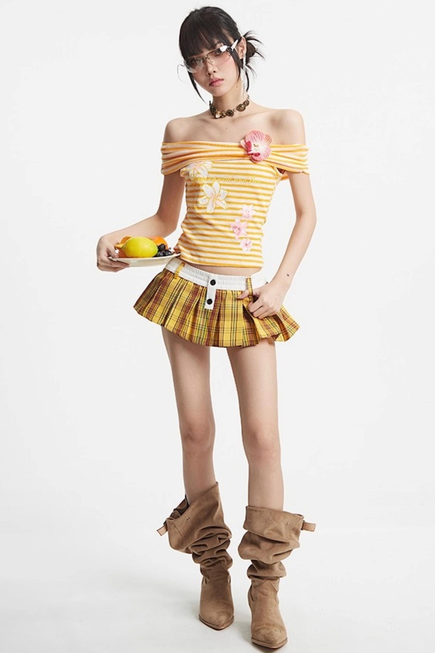 Puff Hem Sweet Plaid Mini Skirt