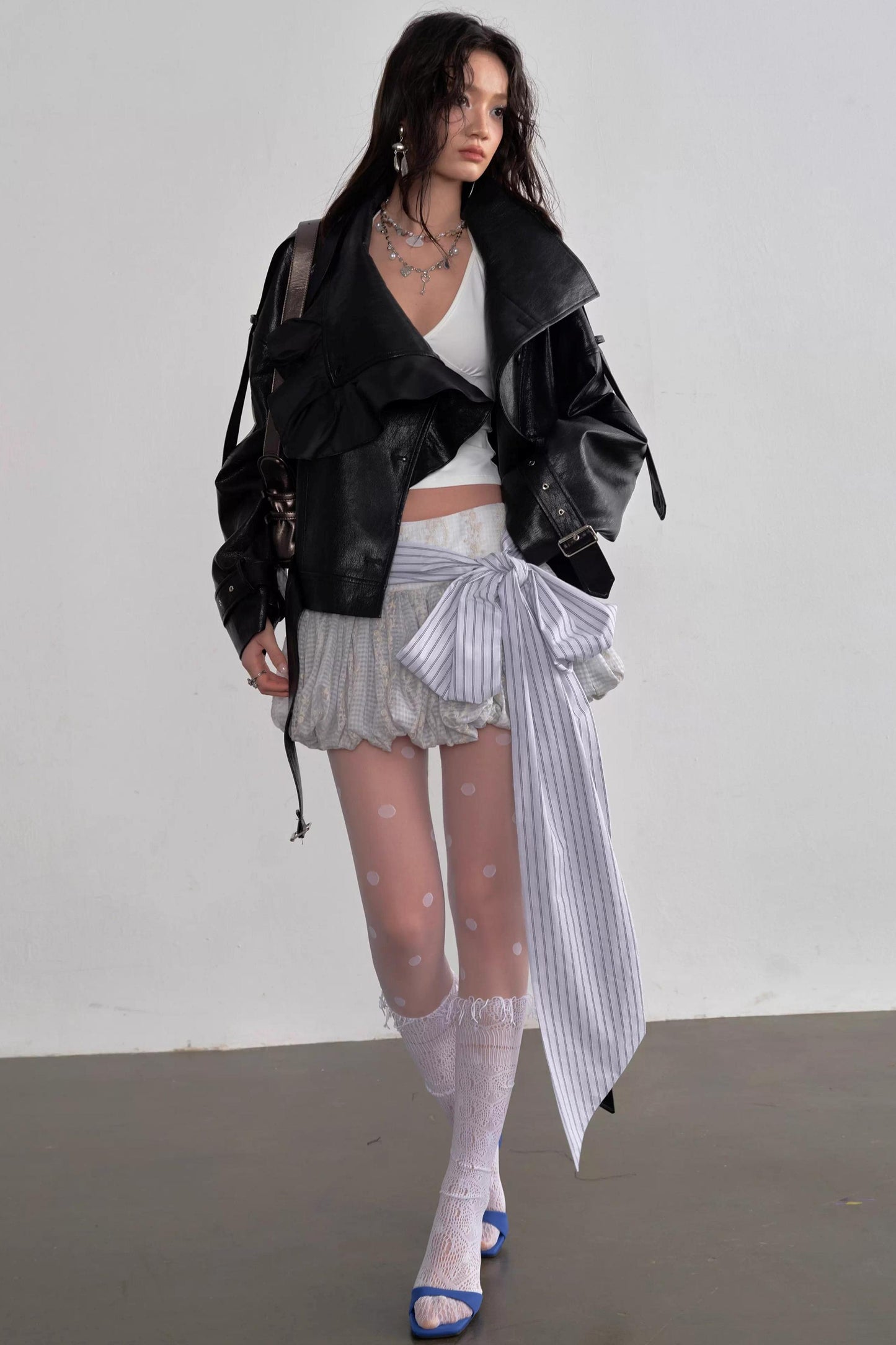 Three-Dimensional Ruffled Faux Leather Jacket