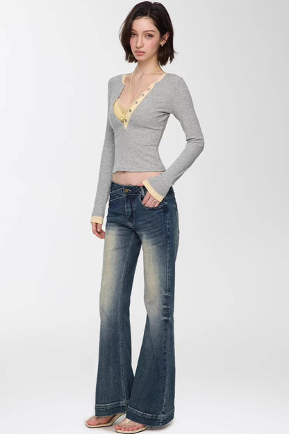 Color-Blocked Deep V-Neck Top Set-Up