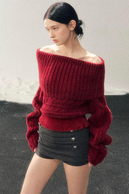 Off-Shoulder Cable Knit Sweater
