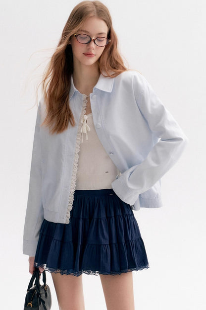 Bow Wavy Lace U-Neck Slim Top