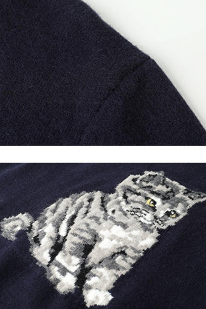 Jacquard Kitten Embroidered Crewneck Top