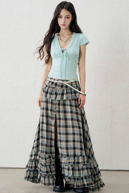 Gray-Green Plaid Ruffled Skirt