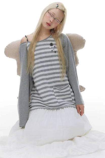 Button Striped Off-Shoulder Top