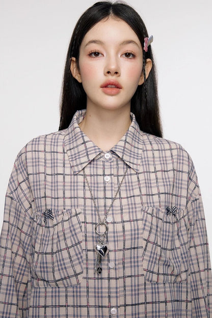 Vintage Bow Pocket Long-sleeved Shirt