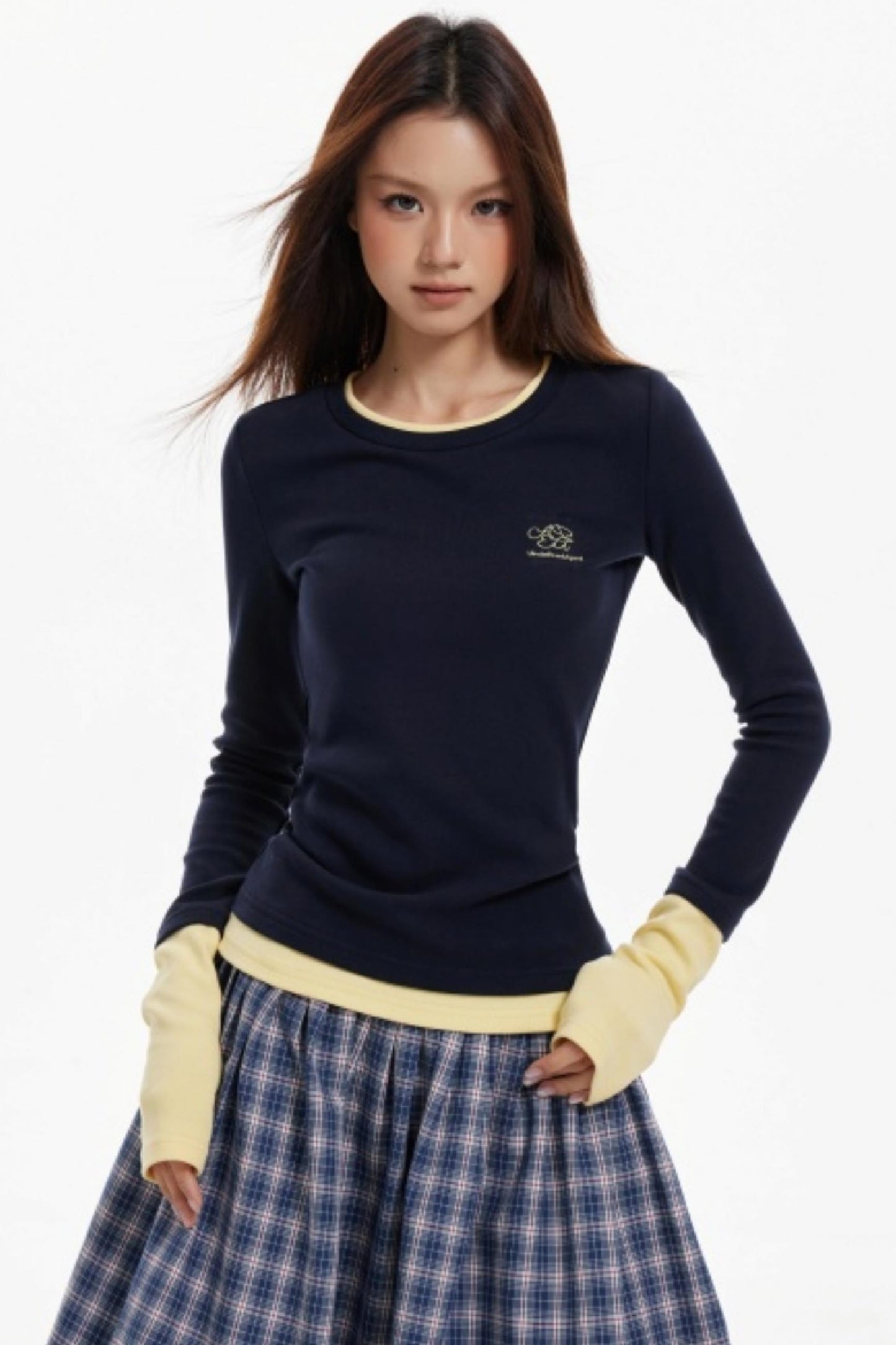 Contrast Fake Two Vintage Long-Sleeve Top