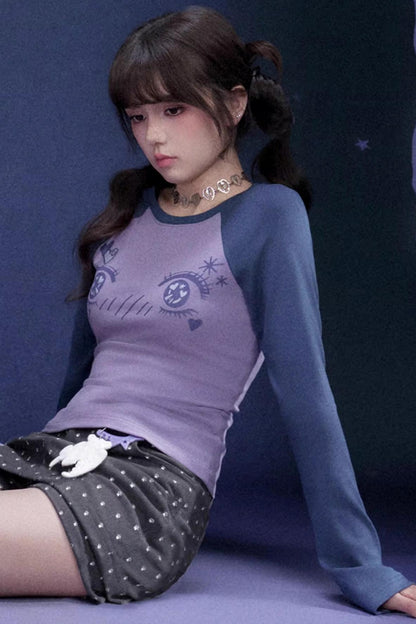 만화 눈매 래글런 티셔츠