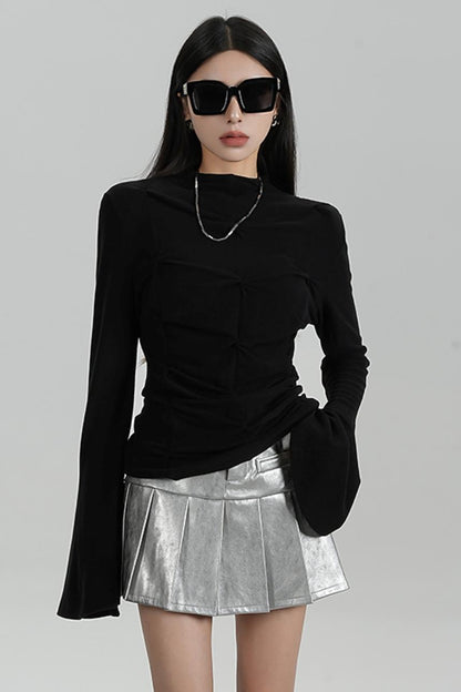 SRYSAME's design is slim, pleated, flared, long-sleeved, T-shirt, underneath, and top, a new autumn women's wear