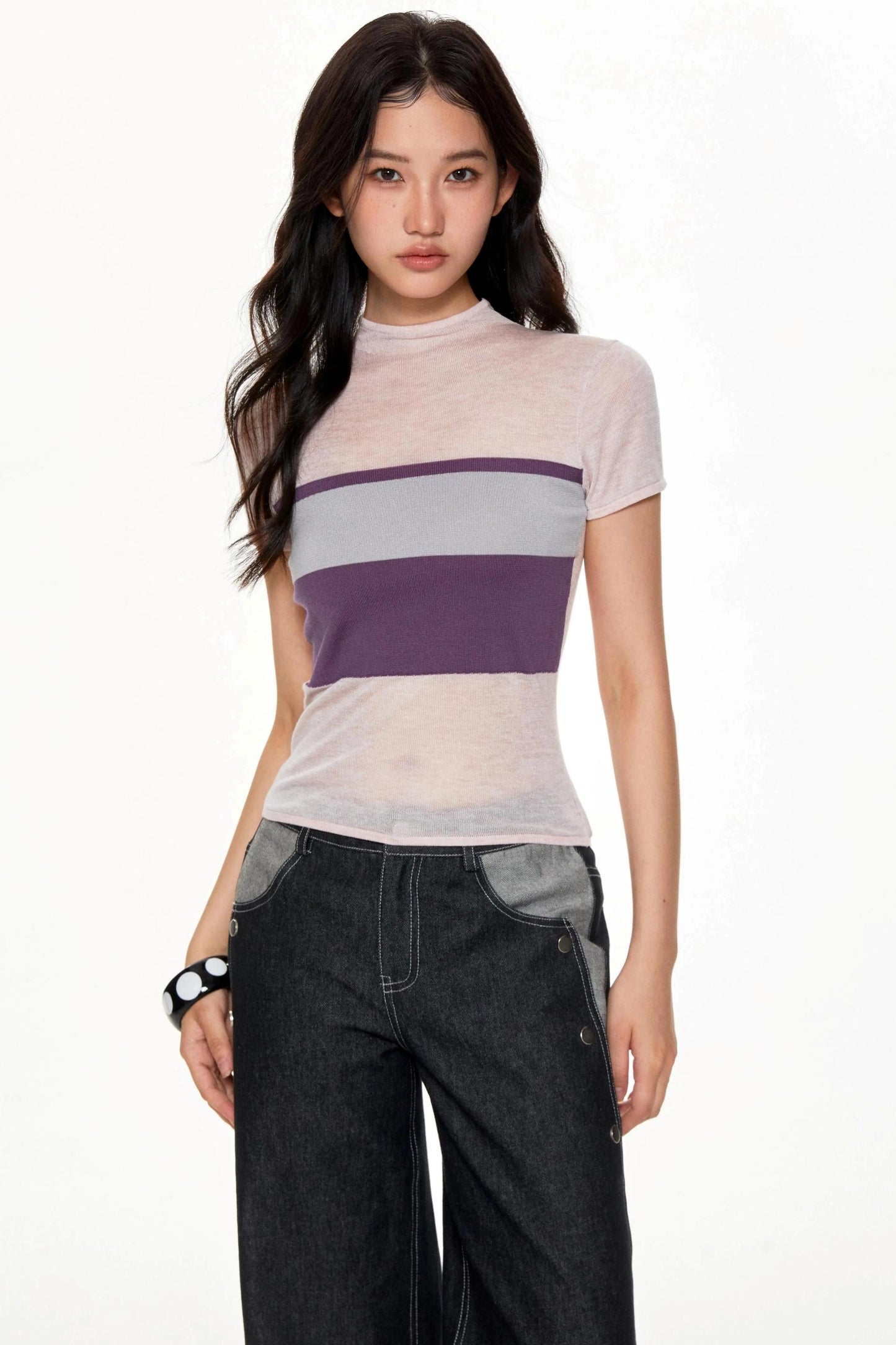 Color Collision High Neck Slim Top