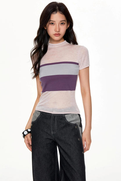 Color Collision High Neck Slim Top