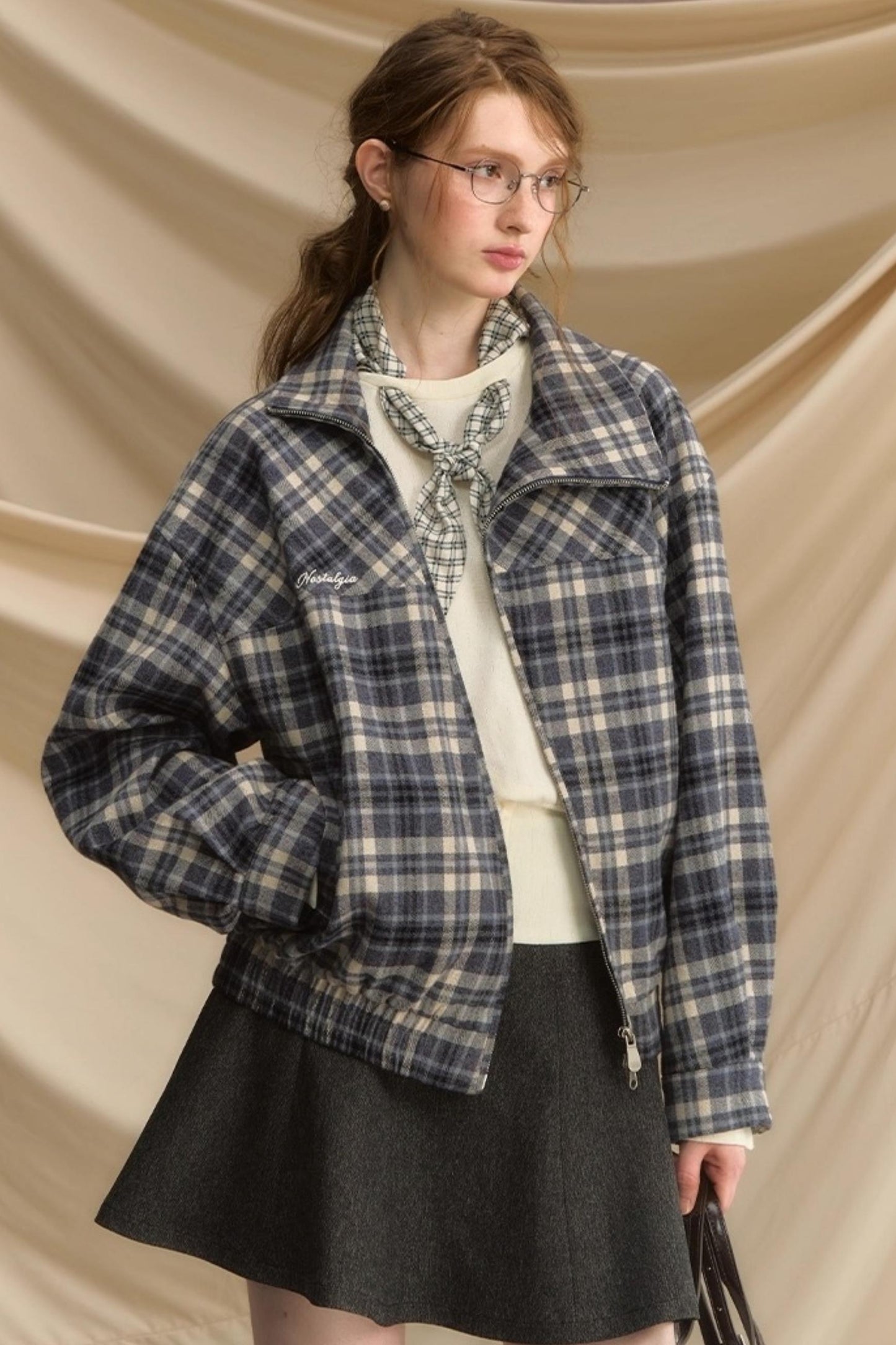Vintage Plaid Diagonal Flight Jacket