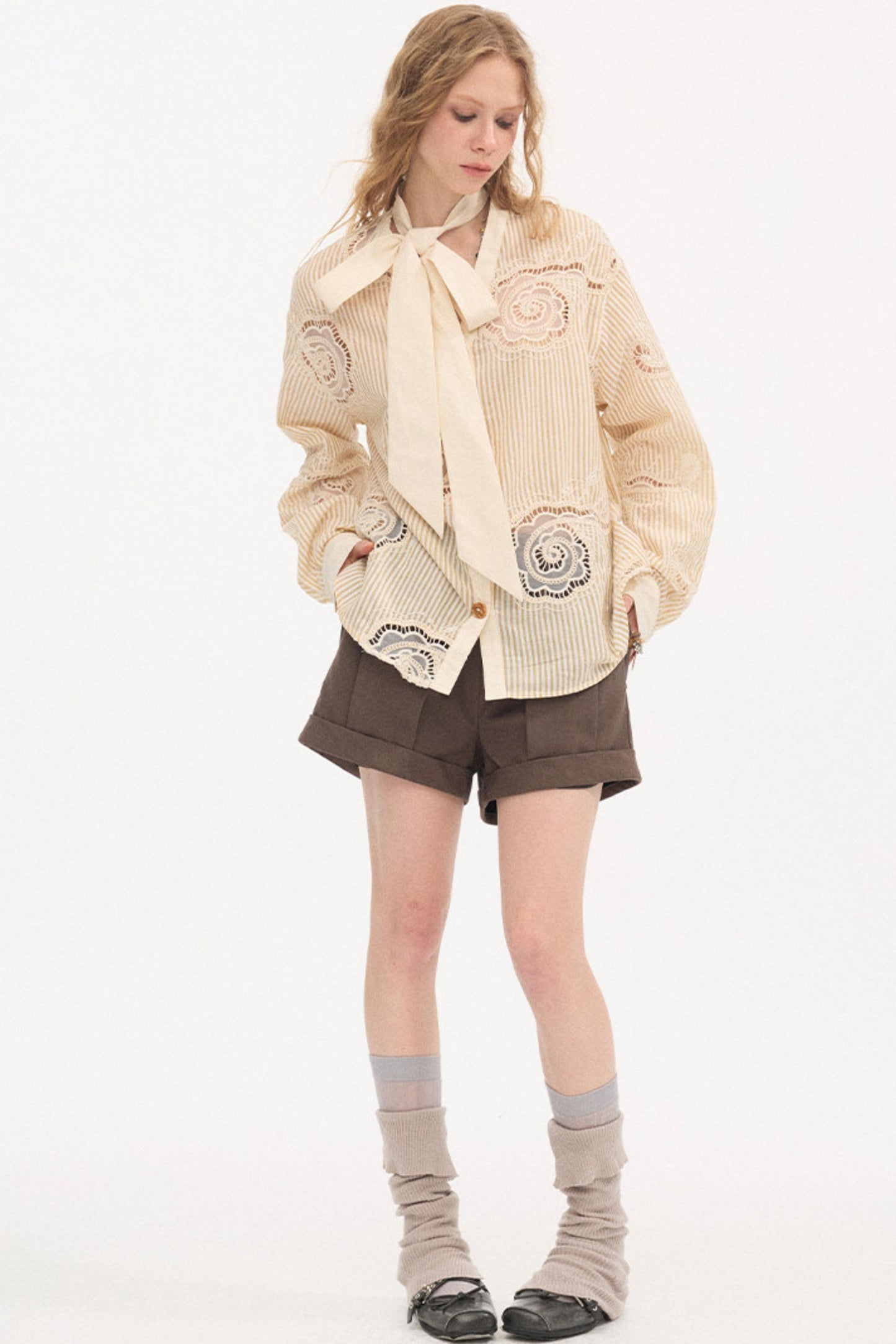 Tie-Back Bow Embroidered Shirt