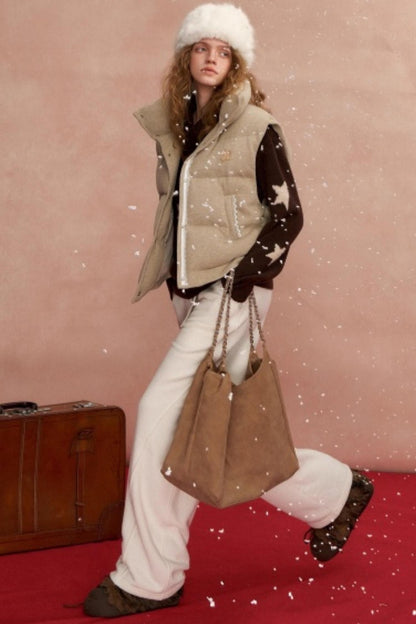 Lace Patchwork Stand Collar Puffer Vest