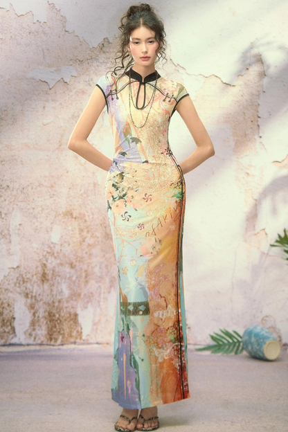 Shoulder-Sleeve Quicksand Print Stretch Cheongsam Dress