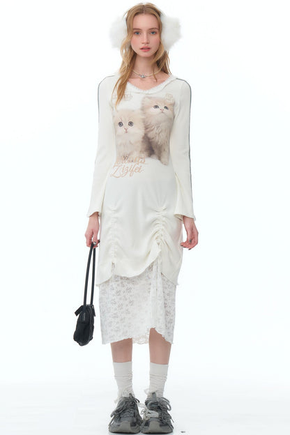 Lace Splicing Cat V-Neck Knitted Dress