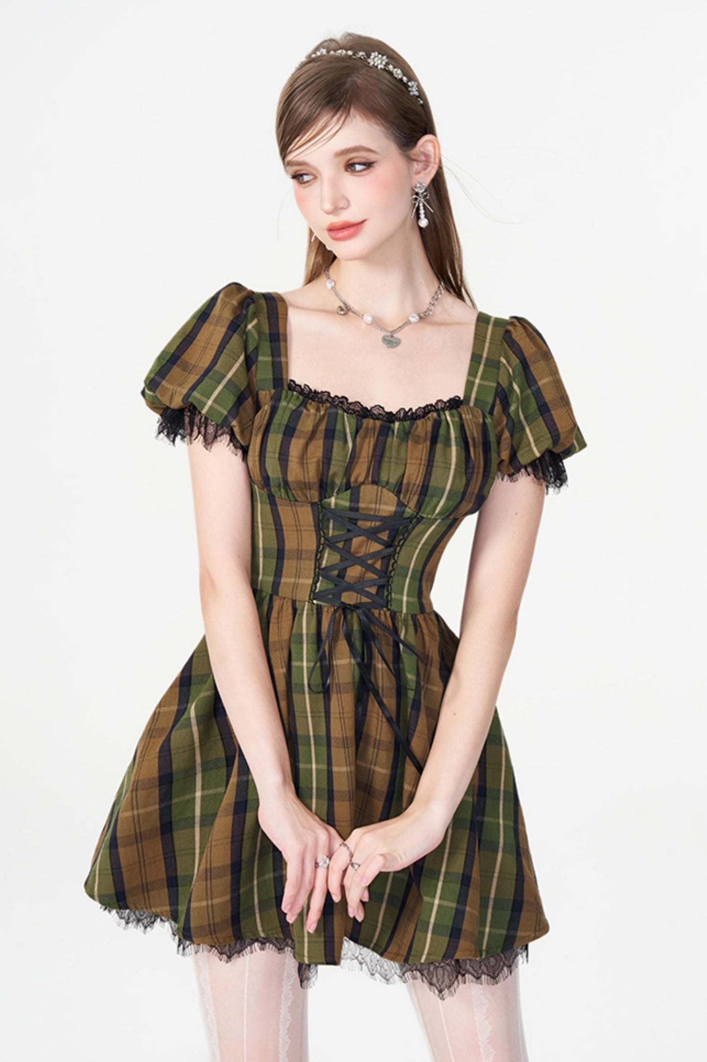 Greenfield Checkered Puff Sleeve Dress