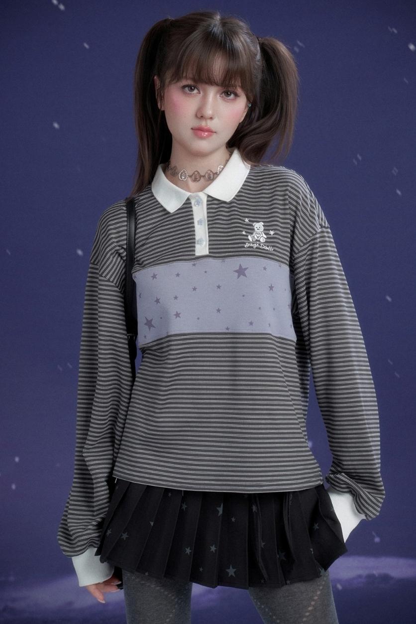 Energetic Gray-Purple Striped Polo Top