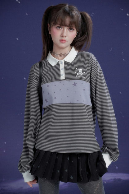 Energetic Gray-Purple Striped Polo Top