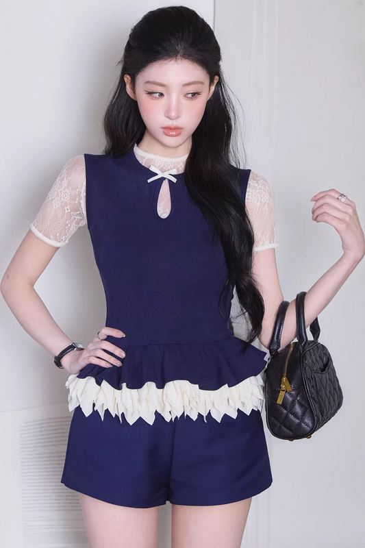 Navy Blue Lace Slimming Suit Set-Up