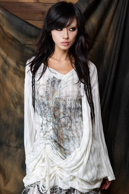 Vintage Lace-Up Knitted V-Neck T-Shirt