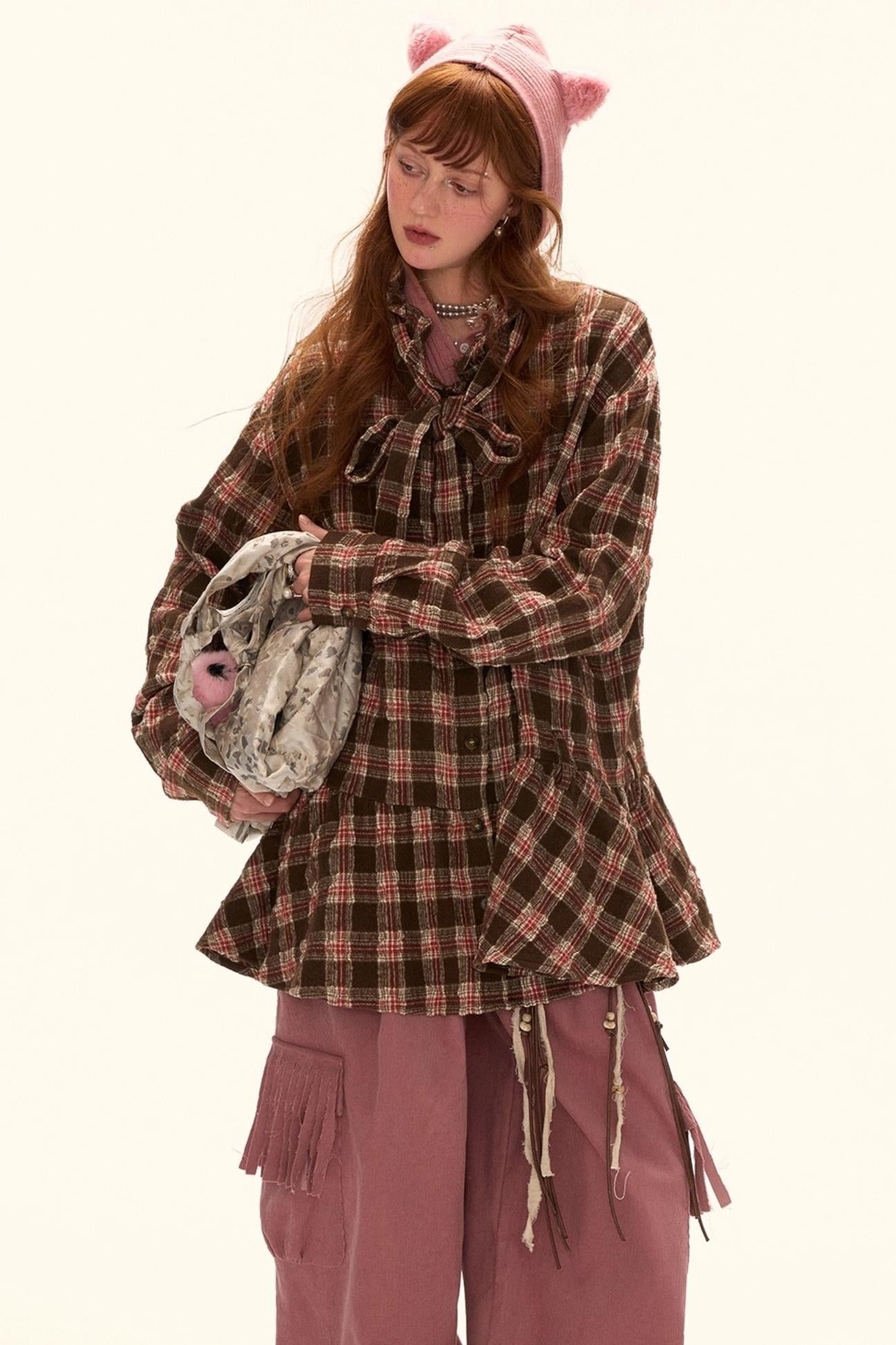 Bow Plaid Shirt Dress