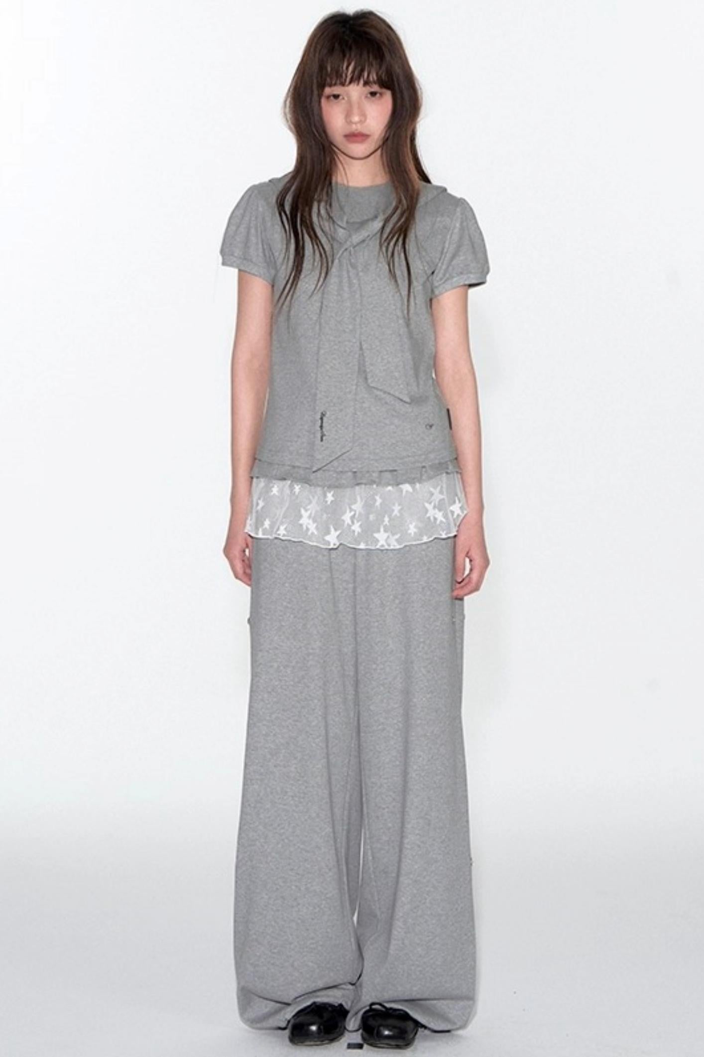 Navy Lace Short Sleeve Cinched Waist Top Set-Up