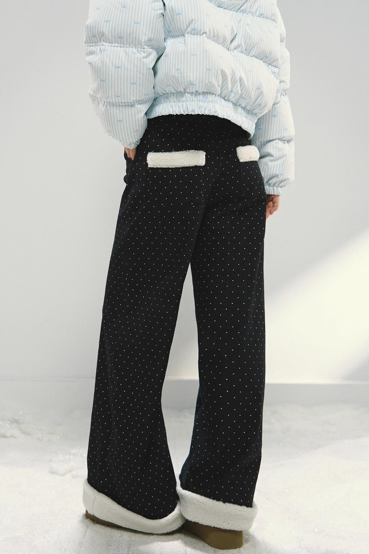 Dark Blue Polka Dot Patchwork Wide-Leg Jeans